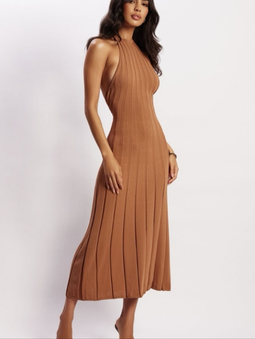 Meshki Halter Maxi Tan Dress Bodycon Stretch, Open Back Vibe Sleek & Sultry Sz M